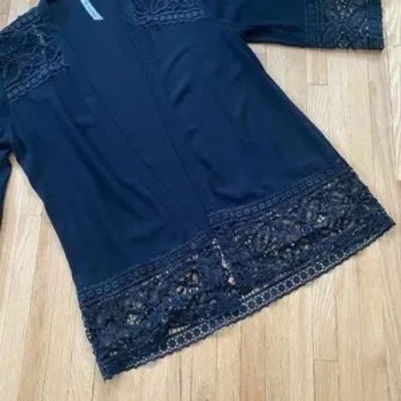 NY Collection Open Front Lace Trim Black 3/4 Sleeve Kimono Cardigan Size S - Picture 8 of 10